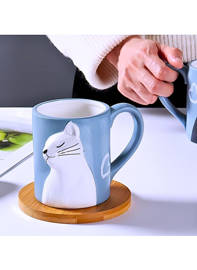 SOLARAE - Cat Couple Mug set, Unique Funny Tea Ceramic Cup Set for Bride and Groom, Matching Gift For Birthday, Anniversary, Wedding, Engagement Valentines Day Girlfriend Wife (Cat mug) Blue 400ml - Image 1