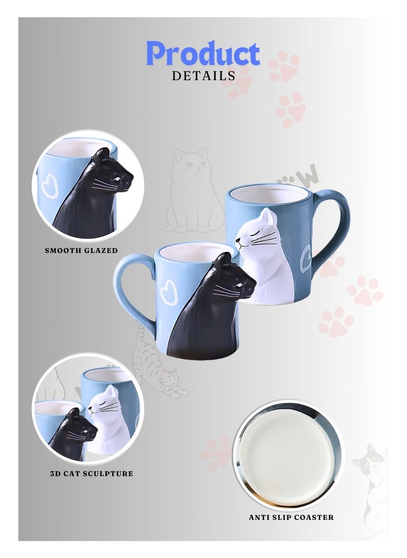 SOLARAE - Cat Couple Mug set, Unique Funny Tea Ceramic Cup Set for Bride and Groom, Matching Gift For Birthday, Anniversary, Wedding, Engagement Valentines Day Girlfriend Wife (Cat mug) Blue 400ml - Image 1