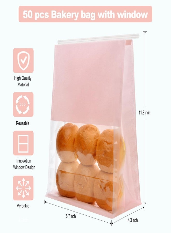 Funcoo 50 Pcs Paper Bread Loaf Bag Food Packaging Storage Bakery Bag with Front Window, Tin Tie Tab Lock Paper Bags (11'' X 8.7'' X 4.3'') (Pink) - Image 2