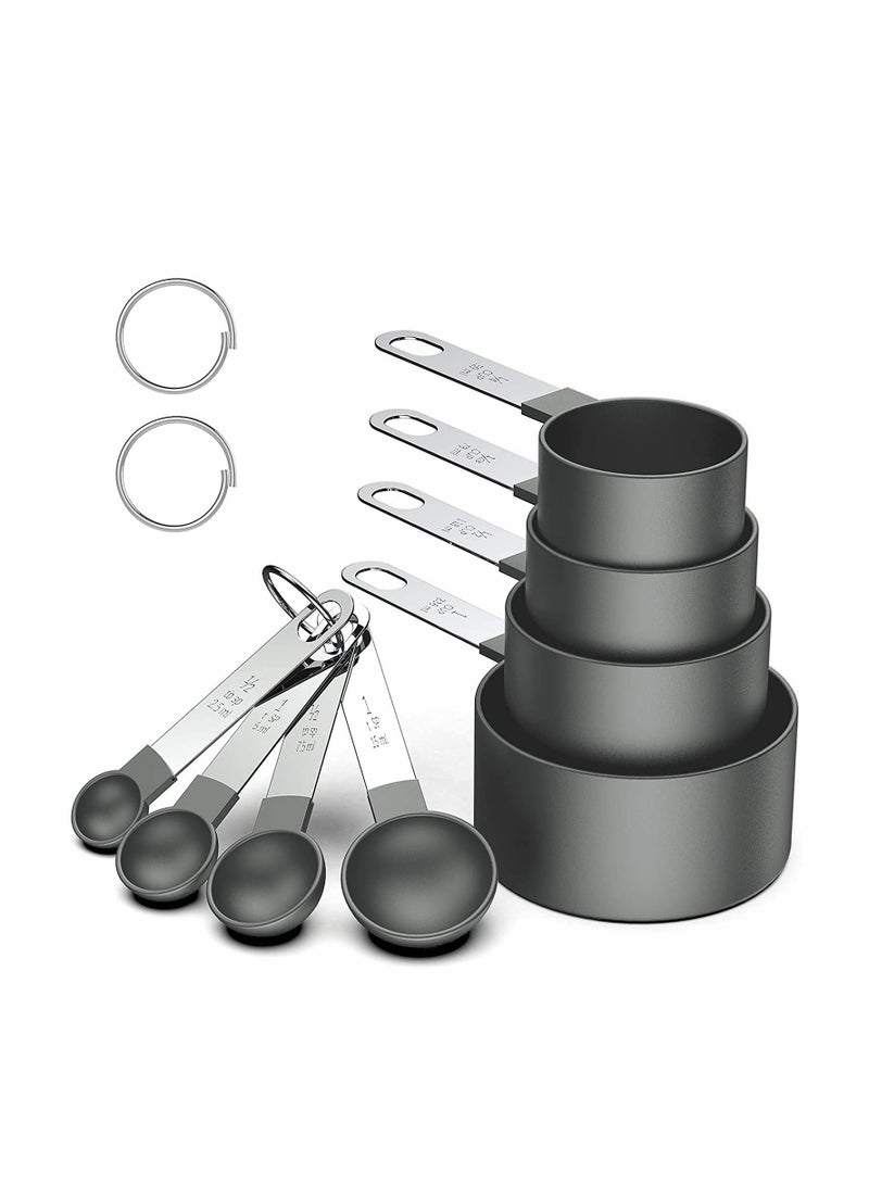 Excefore طقم أكواب و ملاعق قياس، 8 قطع مقبض من الفولاذ المقاوم للصدأ ملعقة طعام دقيقة لقياس المكونات الجافة والسائلة ملعقة شاي صغيرة برأس بلاستيكي (8، أسود) - Image 1