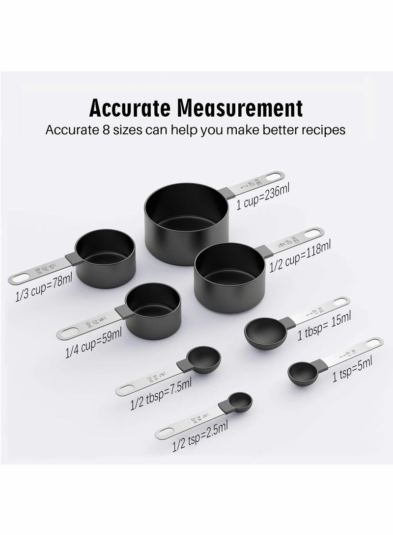 Excefore طقم أكواب و ملاعق قياس، 8 قطع مقبض من الفولاذ المقاوم للصدأ ملعقة طعام دقيقة لقياس المكونات الجافة والسائلة ملعقة شاي صغيرة برأس بلاستيكي (8، أسود) - Image 2