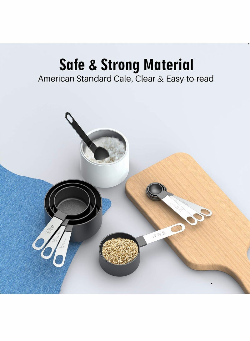 Excefore طقم أكواب و ملاعق قياس، 8 قطع مقبض من الفولاذ المقاوم للصدأ ملعقة طعام دقيقة لقياس المكونات الجافة والسائلة ملعقة شاي صغيرة برأس بلاستيكي (8، أسود) - Image 3