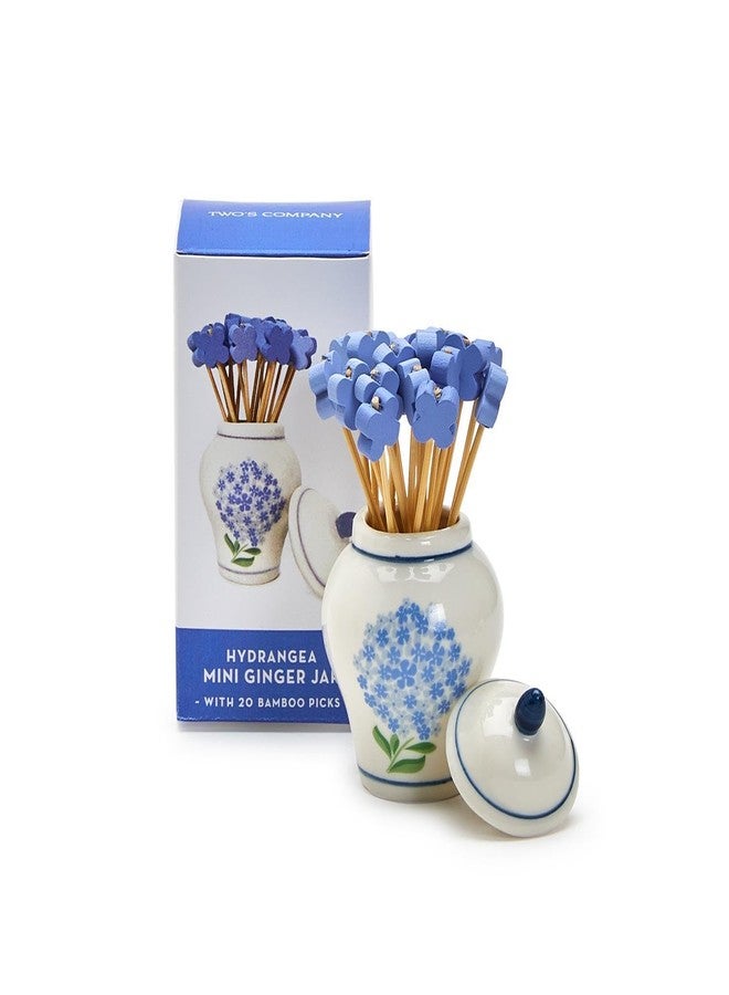 Two's Company Hydrangea Ginger Jar & Bamboo Cocktail Picks Set - Elegant Ceramic Decor Piece with 20 Eco-Friendly Picks for Entertaining, Blue - Image 1