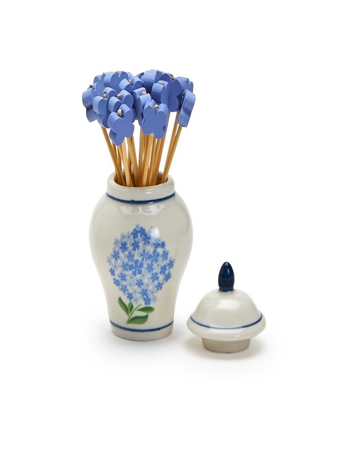 Two's Company Hydrangea Ginger Jar & Bamboo Cocktail Picks Set - Elegant Ceramic Decor Piece with 20 Eco-Friendly Picks for Entertaining, Blue - Image 4