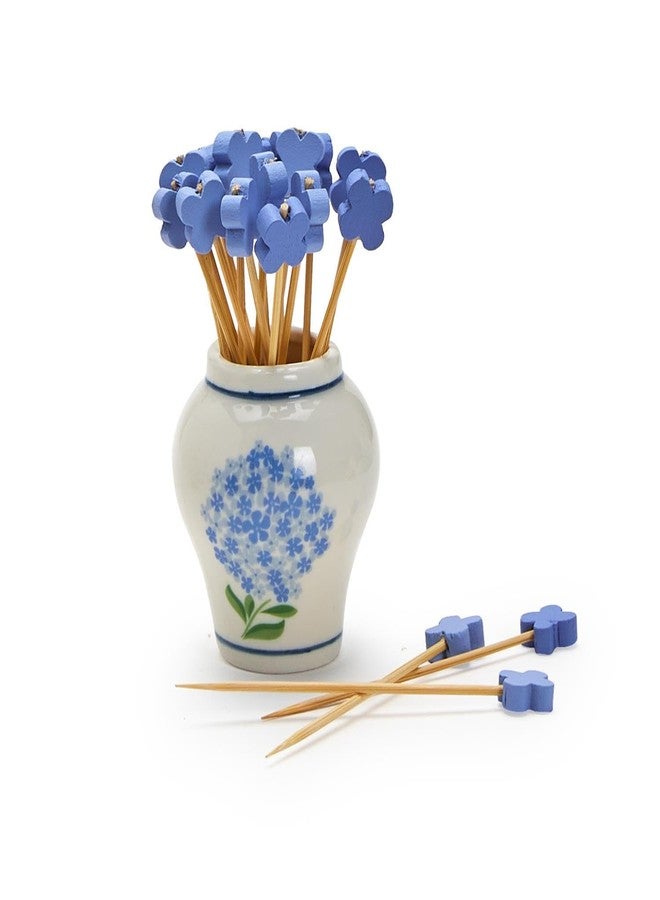 Two's Company Hydrangea Ginger Jar & Bamboo Cocktail Picks Set - Elegant Ceramic Decor Piece with 20 Eco-Friendly Picks for Entertaining, Blue - Image 2