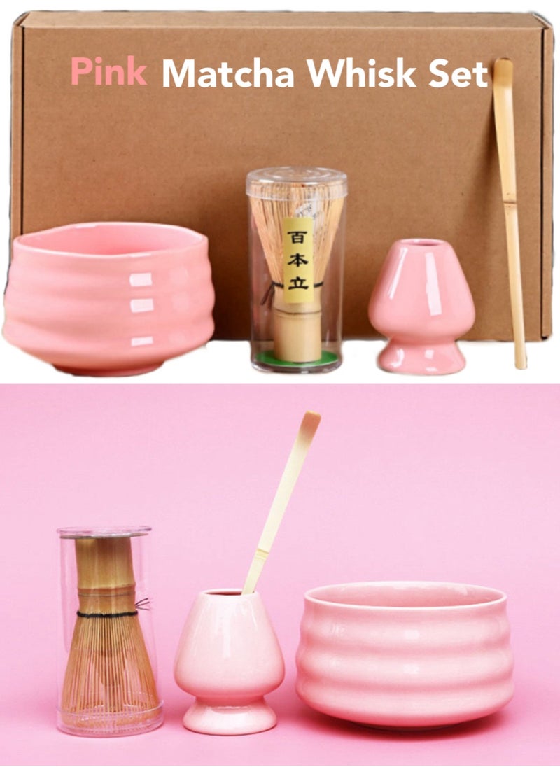 Oasis Casa 4Pcs Matcha Tea Whisk Set, Japanese Matcha Tea Kit, Traditional Matcha Ceremony Teaware Including Ceramic Bowl, Bamboo Tea Scoop, Bamboo Whisk, Ceramic Whisk Holder (Pink)  - Image 1