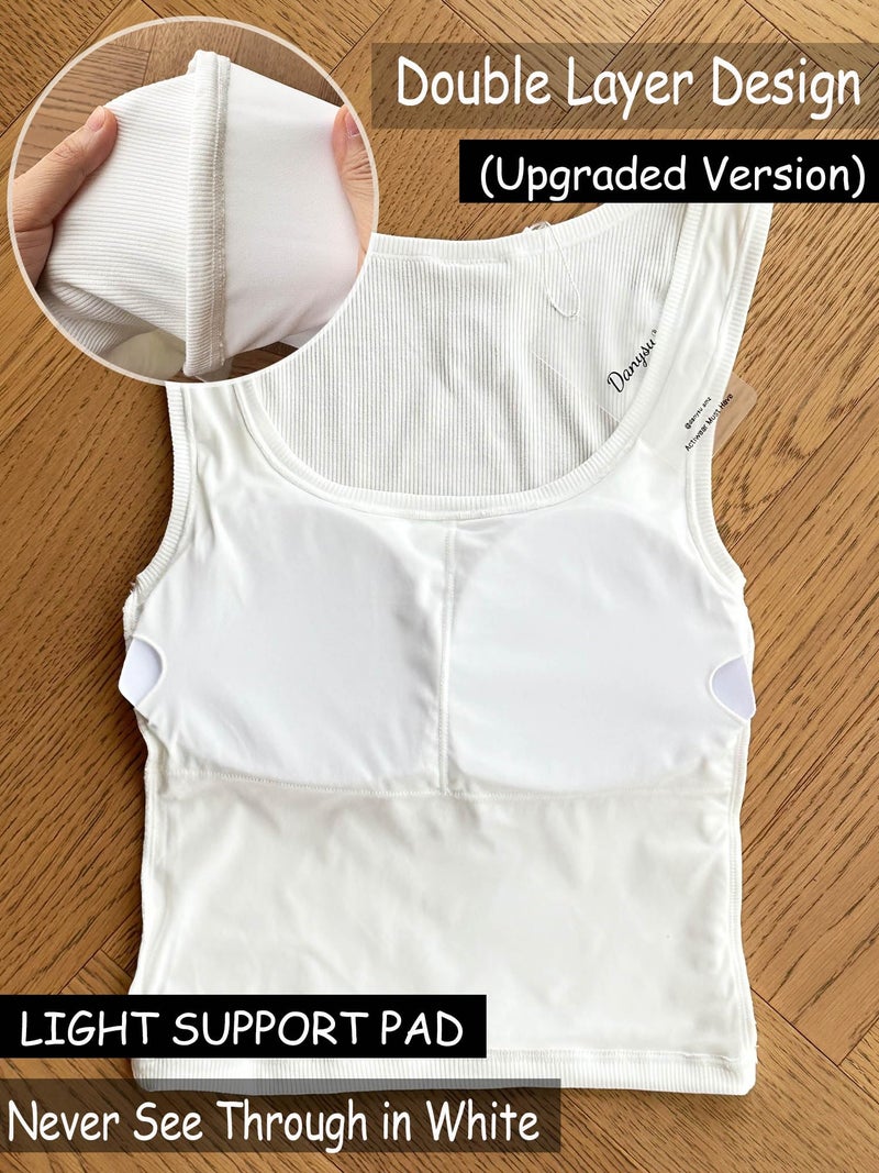Danysu Women Cotton Rib Tank Top with Built in Bra Square Neck Crop Tank Fitted Basic Tops Angel White Solid XS - Image 3