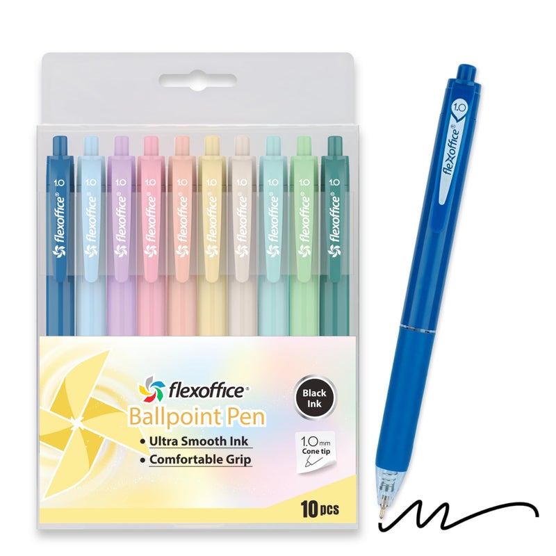 FLEXOFFICE 10-Count Retractable Ballpoint Pens, Black Ink, Medium Point 1.0mm, Pastel Color Barrels with Soft Contoured Grip|Christmas Gifts for Coworkers, Teachers, Friends - Image 1