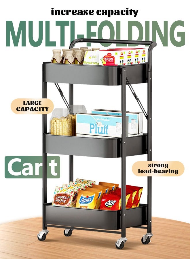 عربة مطبخ قابلة للطي من 3 طبقات مع عجلات، رف للوجبات الخفيفة قابل للطي مع عجلات مكابح، منظم تخزين متنقل من الفولاذ الكربوني للمطبخ والحمام وغرفة المعيشة (أسود) - Image 1