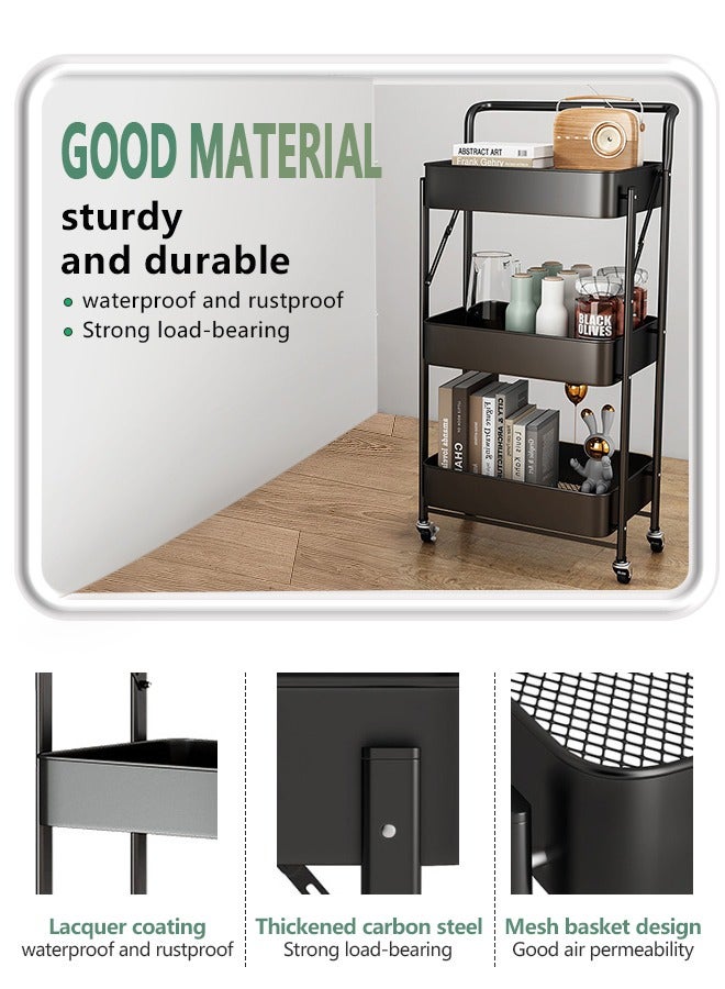 عربة مطبخ قابلة للطي من 3 طبقات مع عجلات، رف للوجبات الخفيفة قابل للطي مع عجلات مكابح، منظم تخزين متنقل من الفولاذ الكربوني للمطبخ والحمام وغرفة المعيشة (أسود) - Image 2