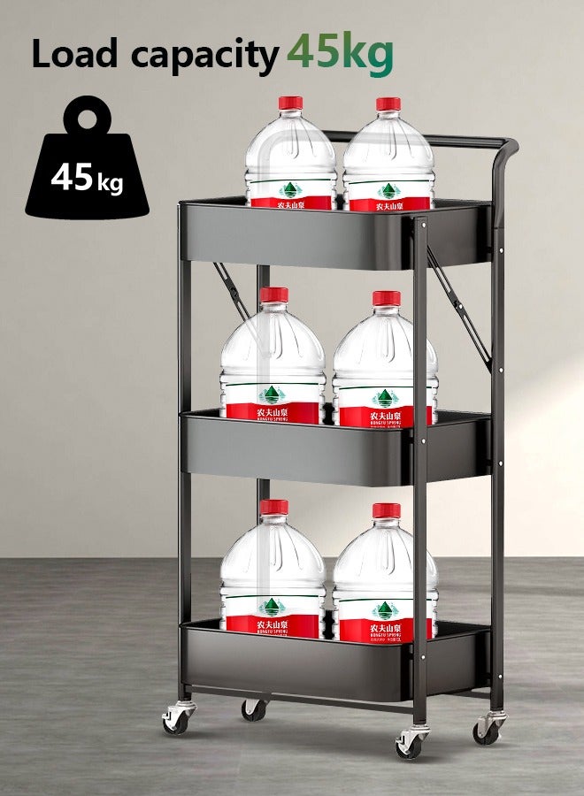 عربة مطبخ قابلة للطي من 3 طبقات مع عجلات، رف للوجبات الخفيفة قابل للطي مع عجلات مكابح، منظم تخزين متنقل من الفولاذ الكربوني للمطبخ والحمام وغرفة المعيشة (أسود) - Image 3