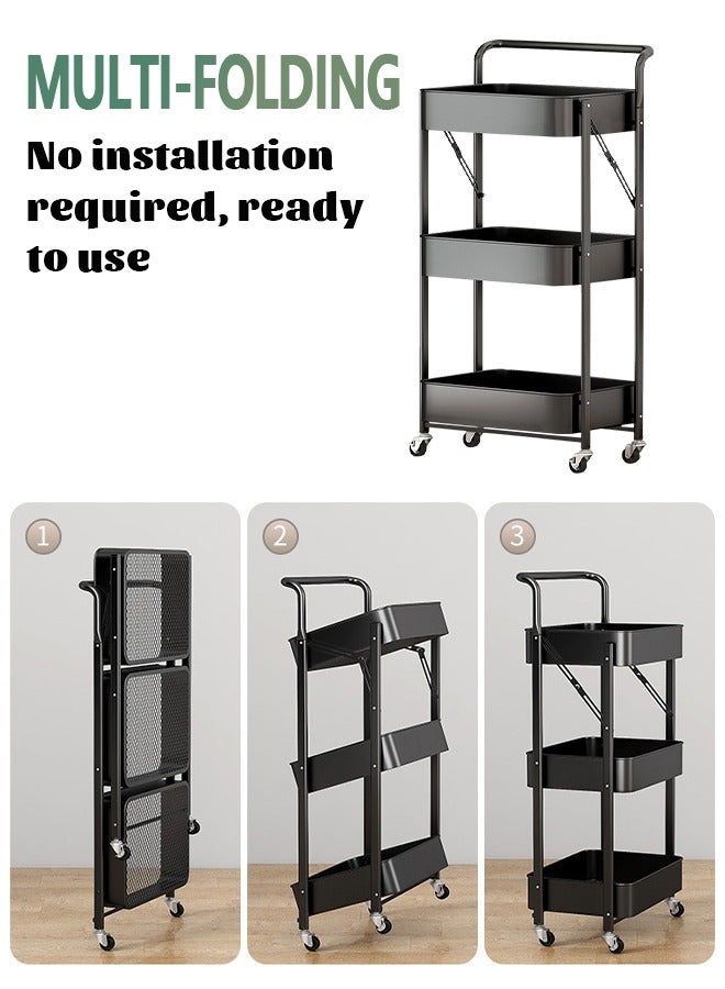 عربة مطبخ قابلة للطي من 3 طبقات مع عجلات، رف للوجبات الخفيفة قابل للطي مع عجلات مكابح، منظم تخزين متنقل من الفولاذ الكربوني للمطبخ والحمام وغرفة المعيشة (أسود) - Image 4