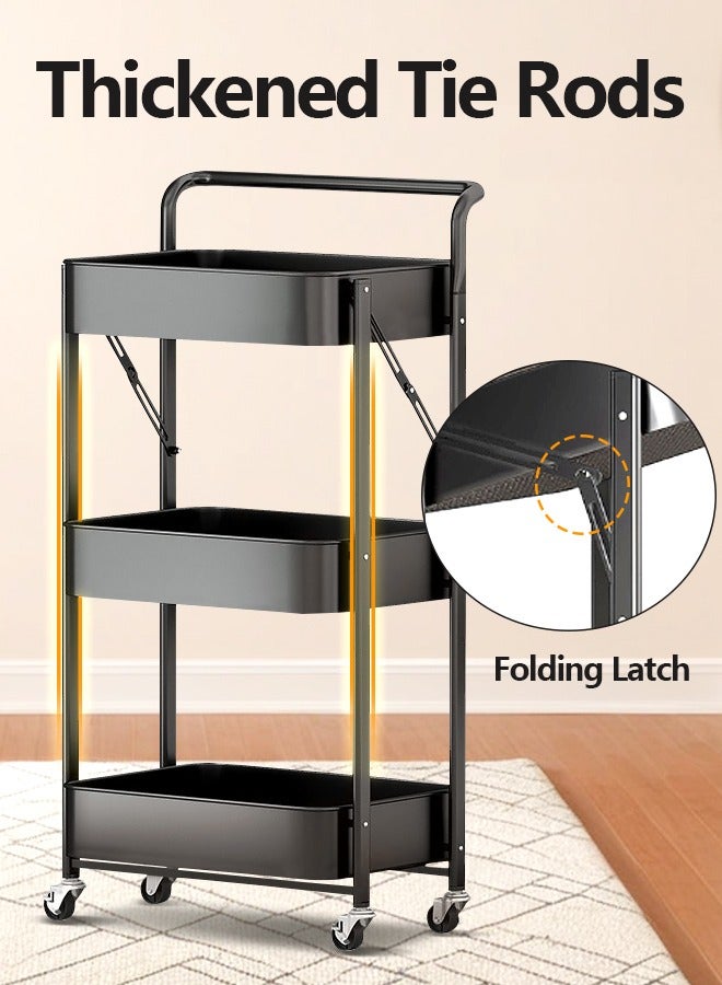 عربة مطبخ قابلة للطي من 3 طبقات مع عجلات، رف للوجبات الخفيفة قابل للطي مع عجلات مكابح، منظم تخزين متنقل من الفولاذ الكربوني للمطبخ والحمام وغرفة المعيشة (أسود) - Image 5