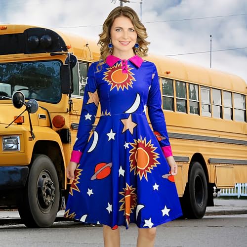 ATAMET Halloween Women's Planets Stars Moon Solar System Dress Cosplay Costume A-Line Dress - Image 4