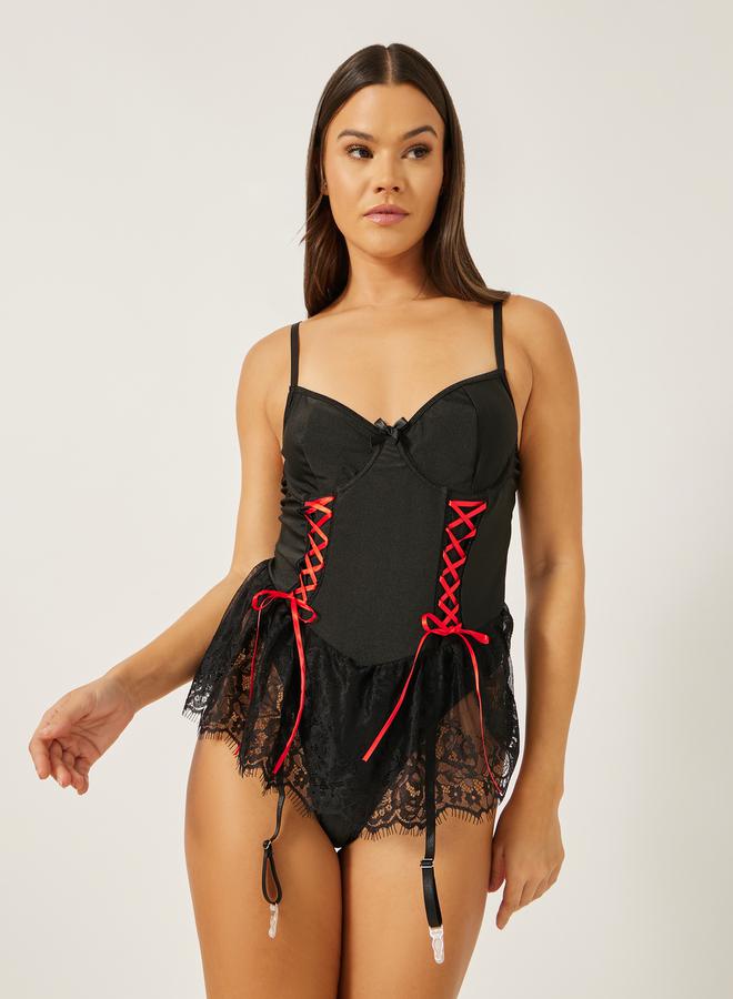Styli Styli Non-Padded Wired Contrast Lace-Up Bodysuit with Attached Lace Skirt - Image 2