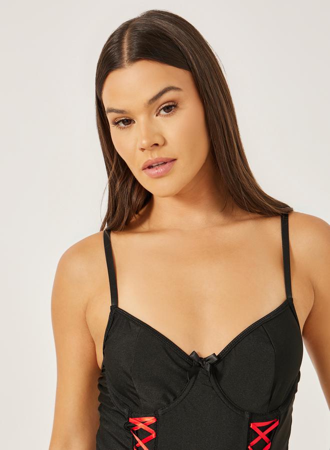 Styli Styli Non-Padded Wired Contrast Lace-Up Bodysuit with Attached Lace Skirt - Image 3
