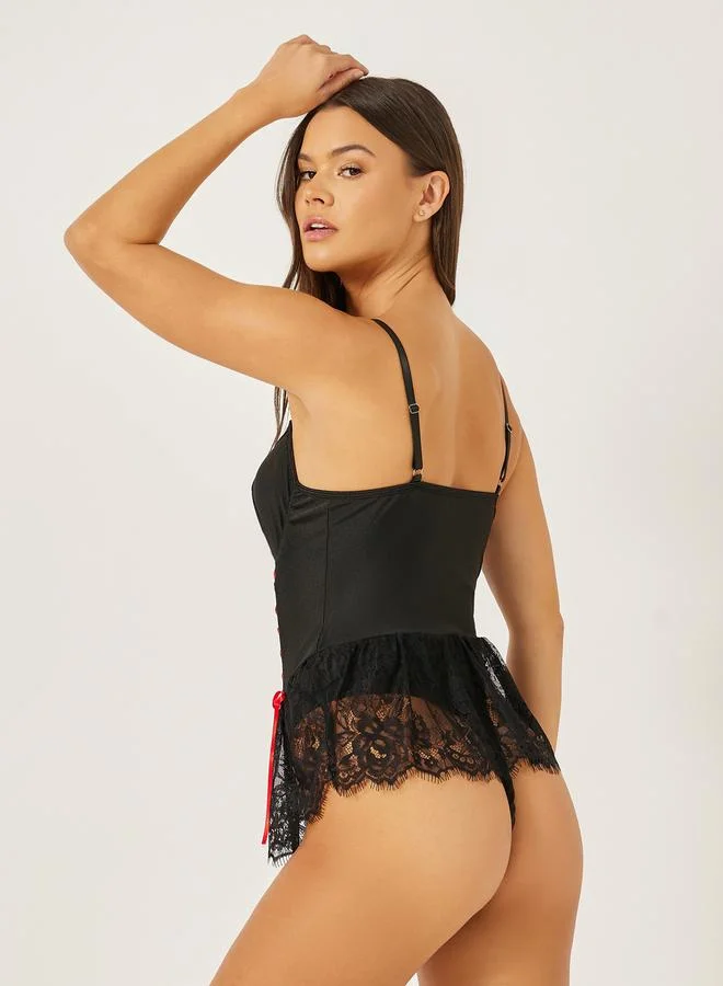 Styli Styli Non-Padded Wired Contrast Lace-Up Bodysuit with Attached Lace Skirt