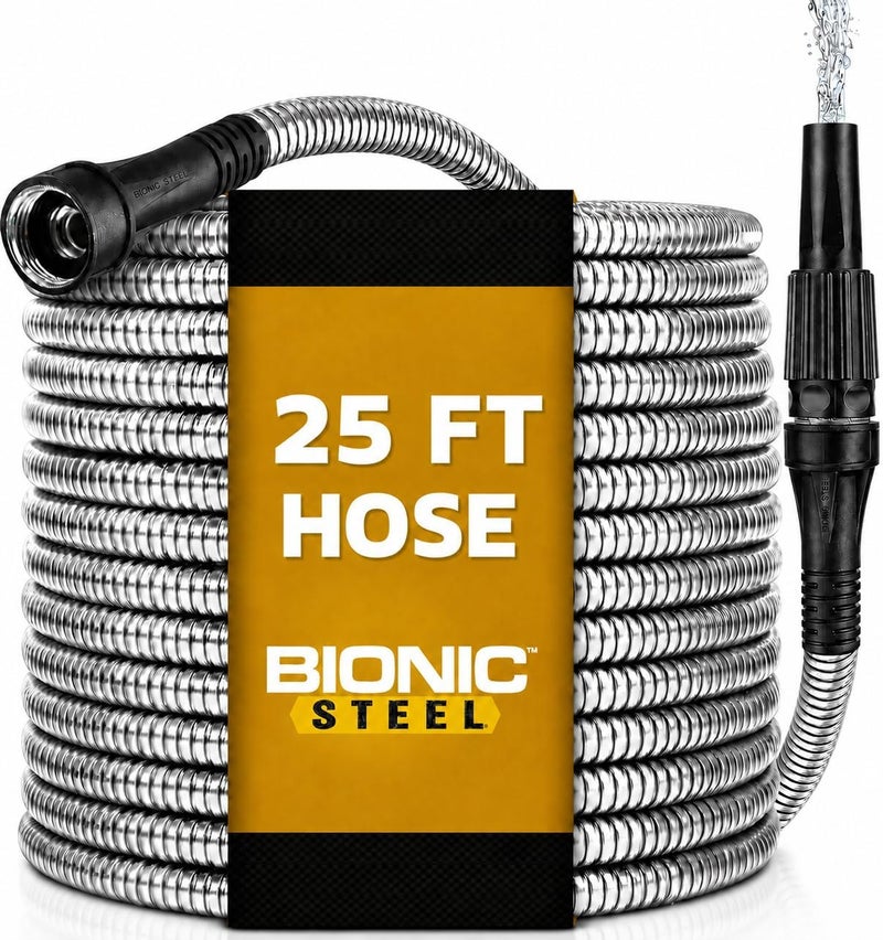 BIONIC STEEL 25 FT Garden Hose with Nozzle, 304 Stainless Steel Metal Water Hose 25Ft, Flexible Hose, Kink Free, Lightweight and Durable, Crush Resistant Fitting, Easy to Coil, 500 PSI - 2024 Model - Image 1