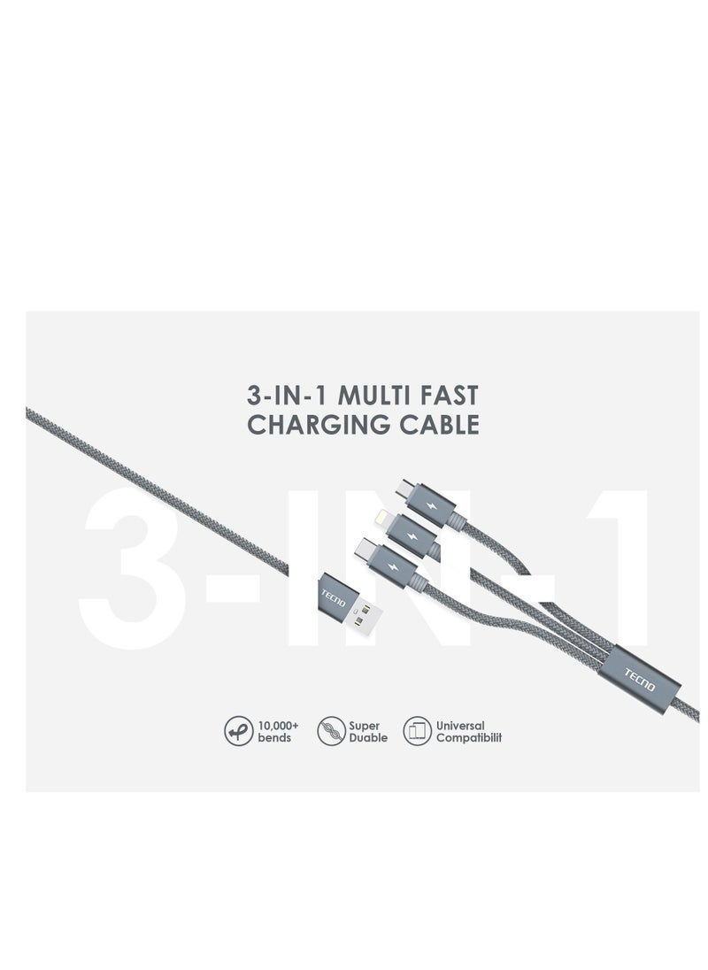 TECNO - TECNO 3-in-1 Multi Fast Charging Cable ASICEN 3Pack 5Ft 3-in-1 Nylon Braided Fast USB Charger Cord for IP/Type C/Micro USB Port for Phone 13 Pro Max/12/11/Xs/X/8/7/6/se/Samsung - Image 1