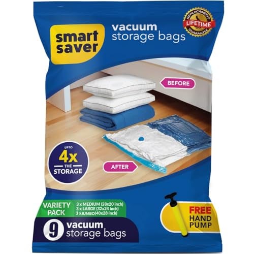 Smart Saver 9 Pack Smart Saver Vacuum Bags for Travel, Space Saver Bags (3J/3L/3M) Compression Storage Bags for Clothes, Pillows, Blankets Storage Vacuum Sealer Bags for Clothes Storage with Travelling Hand Pump - Image 1