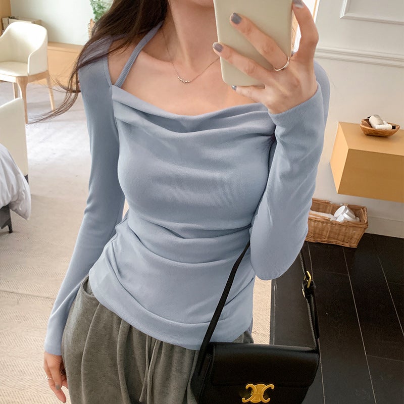 2024 New Chic Halter Neck Fleece Crop Top for Women Blue - Image 1