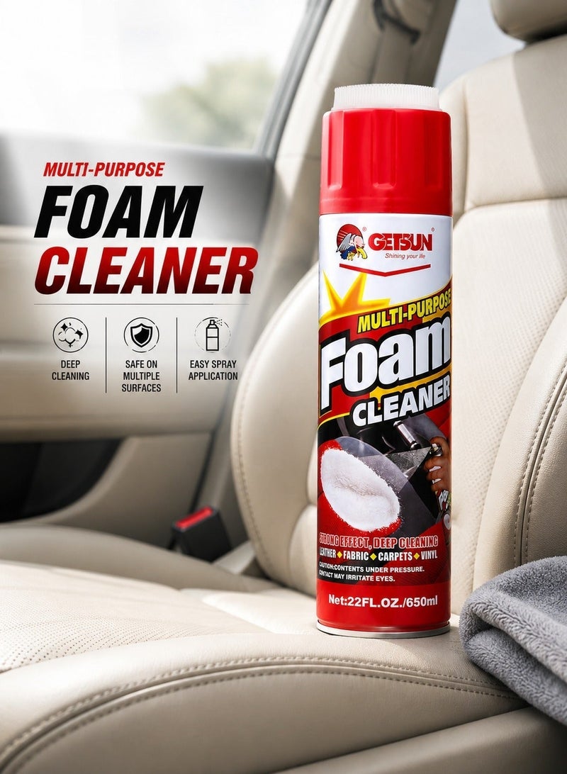 Getsun Multi-Purpose Foam Cleaner Spray 650ml for Car Interior & Home Surfaces, Upholstery, Fabric, Carpet, Leather, Vinyl Cleaner, Dashboard Seat Cleaner, Stain Remover Foam, Deep Cleaning Aerosol, Multipurpose Cleaning Spray for Auto & DIY Use - Image 2