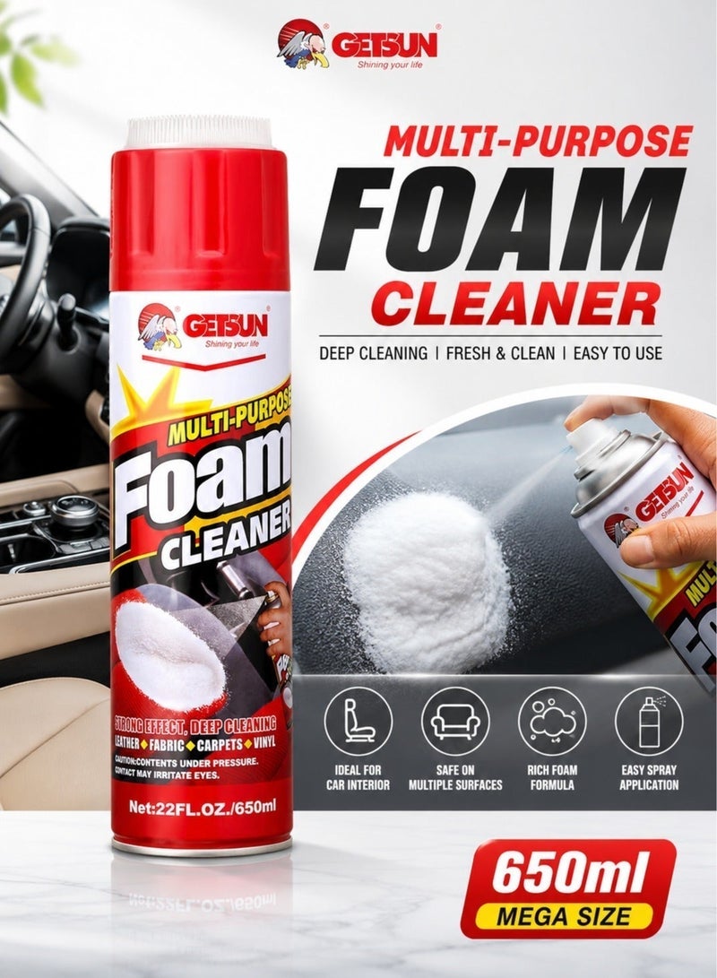 Getsun Multi-Purpose Foam Cleaner Spray 650ml for Car Interior & Home Surfaces, Upholstery, Fabric, Carpet, Leather, Vinyl Cleaner, Dashboard Seat Cleaner, Stain Remover Foam, Deep Cleaning Aerosol, Multipurpose Cleaning Spray for Auto & DIY Use - Image 4