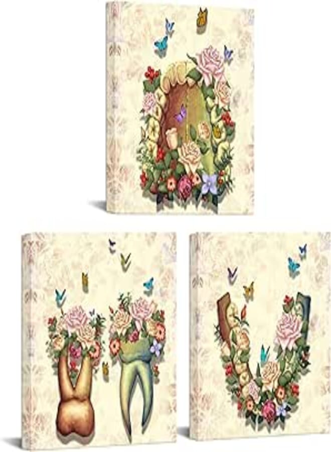 Zlove 3 Pieces Medical Dental Wall Art Print Abstract Flower Tooth with Butterfly Anatomy Artwork for Dentist Clinic Office Decor Stretched and Framed Ready to Hang 12x12inchx3pcs 