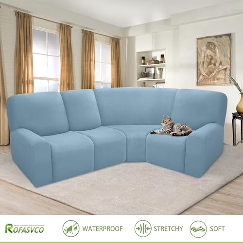 ROFASVCO 100% Waterproof Reclining Sectional Couch Covers Fleece Stretch 4-Piece L Shape Recliner Sofa Cover Washable Non Slip Corner Couch Cover Recliner Slipcovers Protector (4 Seat, Denim Blue) - Image 2