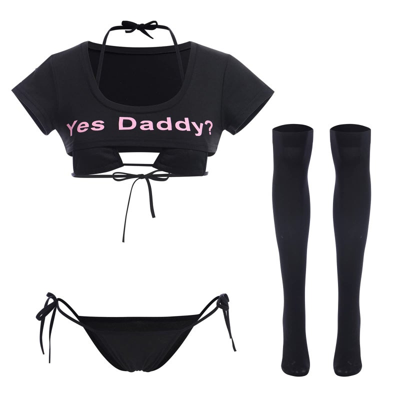 ABAFIP Women's Cute Kawaii Bikini Lingerie Set Yes Daddy Japanese Anime Cosplay Micro Tiny Bra G-String Crop Top Stockings 4 pieces underwear 2#Black - 4pcs stocking One Size - Image 1