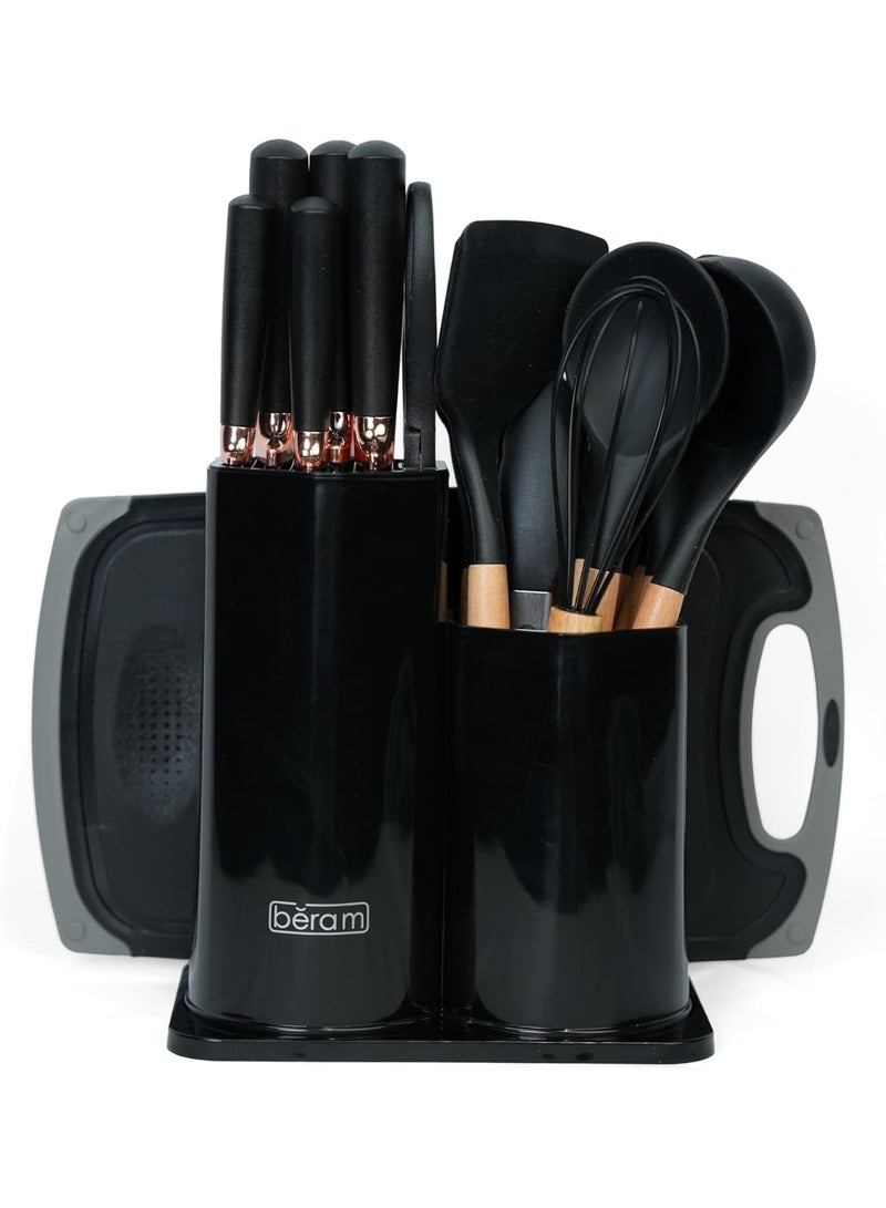 BERAM 19 Pieces Knife Set for Kitchen Cooking Utensils Set Tongs Spoon Spatula & Turner Made of Heat Resistant Silicone with Wooden Handles Non Stick Kitchen Knife Sets and Tools Black - Image 1
