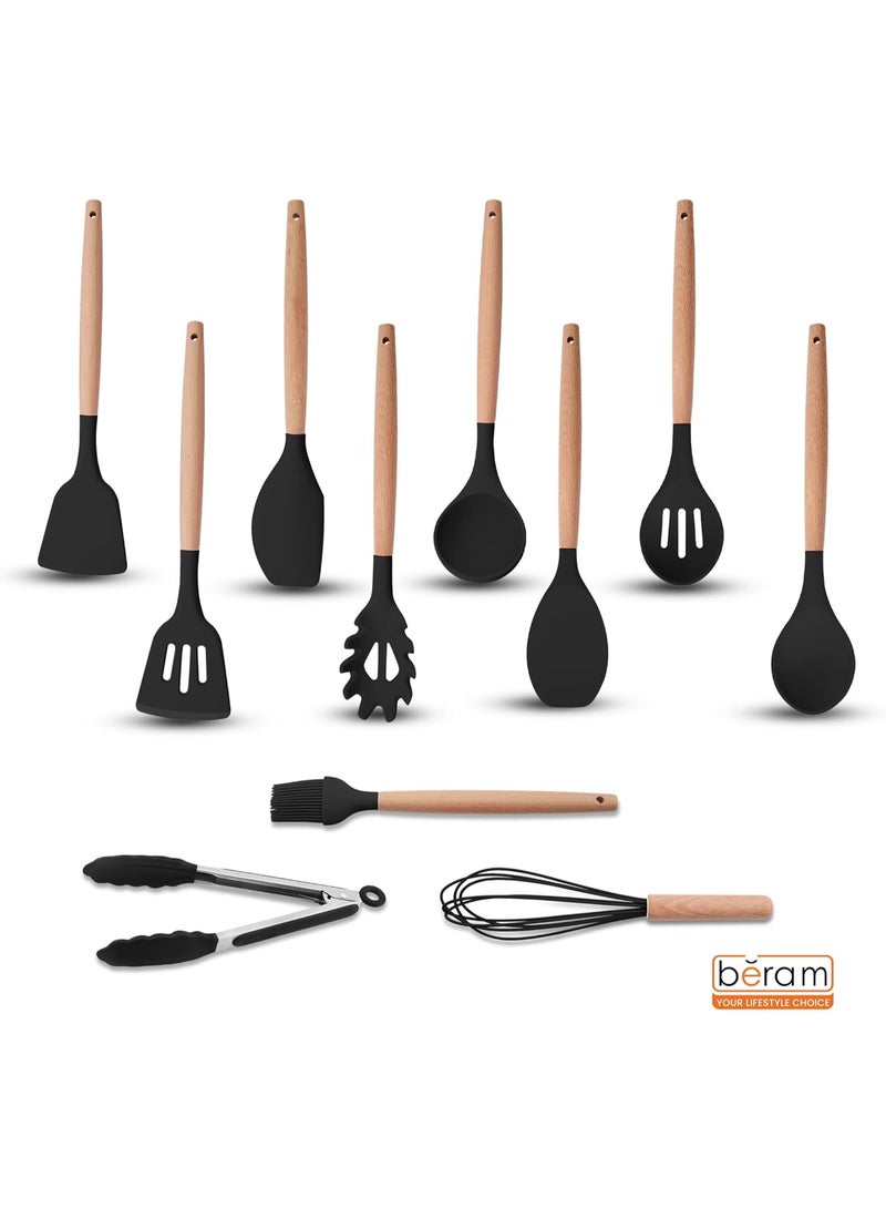 BERAM 19 Pieces Knife Set for Kitchen Cooking Utensils Set Tongs Spoon Spatula & Turner Made of Heat Resistant Silicone with Wooden Handles Non Stick Kitchen Knife Sets and Tools Black - Image 4