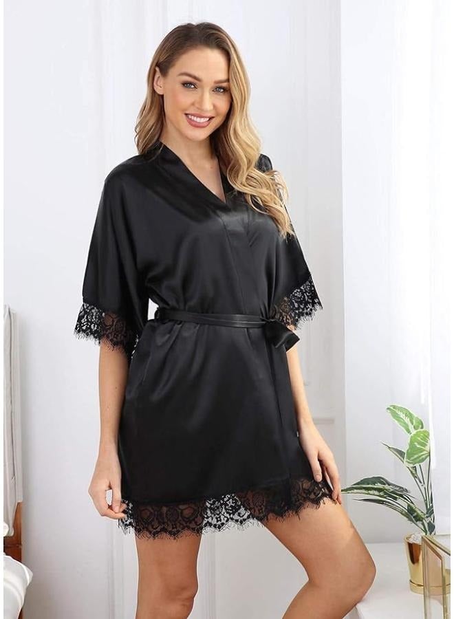 رداء كيمونو من الساتان للنساء مع حواف من الدانتيل من الحرير لوصيفات العروس، مقاس متوسط ​​إلى كبير، رقم: 1991  - Image 1