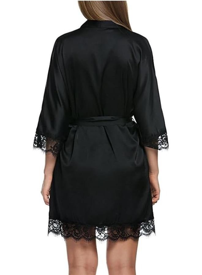 رداء كيمونو من الساتان للنساء مع حواف من الدانتيل من الحرير لوصيفات العروس، مقاس متوسط ​​إلى كبير، رقم: 1991  - Image 3