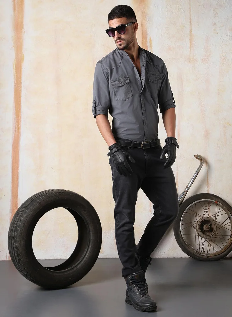 هاي ستار قميص رجالي قطني كاجوال بياقة عريضة وغسيل ثقيل