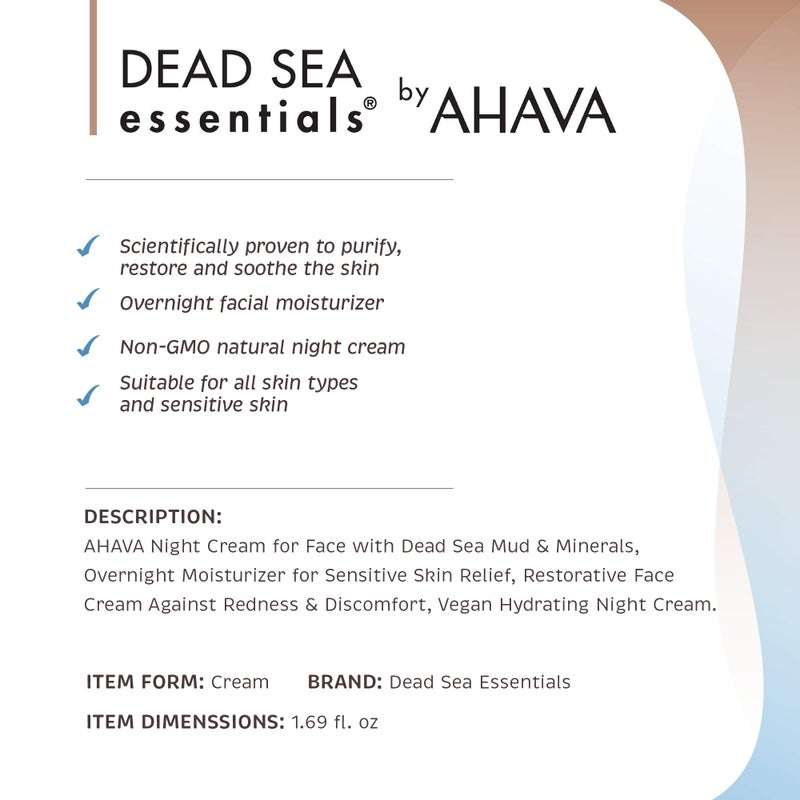 Dead Sea Essentials Mud Night Cream, Hydrating Moisturizing Vegan Skin Care, Cruelty free - 1.69 Fl oz, 50 ml - Image 4