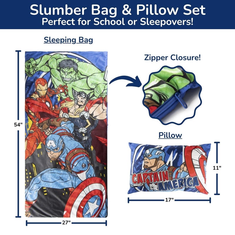 Jay Franco Kids Slumber Bag and Pillow - 54 x 27 Inch Comfy Indoor Sleeping Bag for School and Sleepovers  2 Piece Set  Blue - Avengers - Image 2