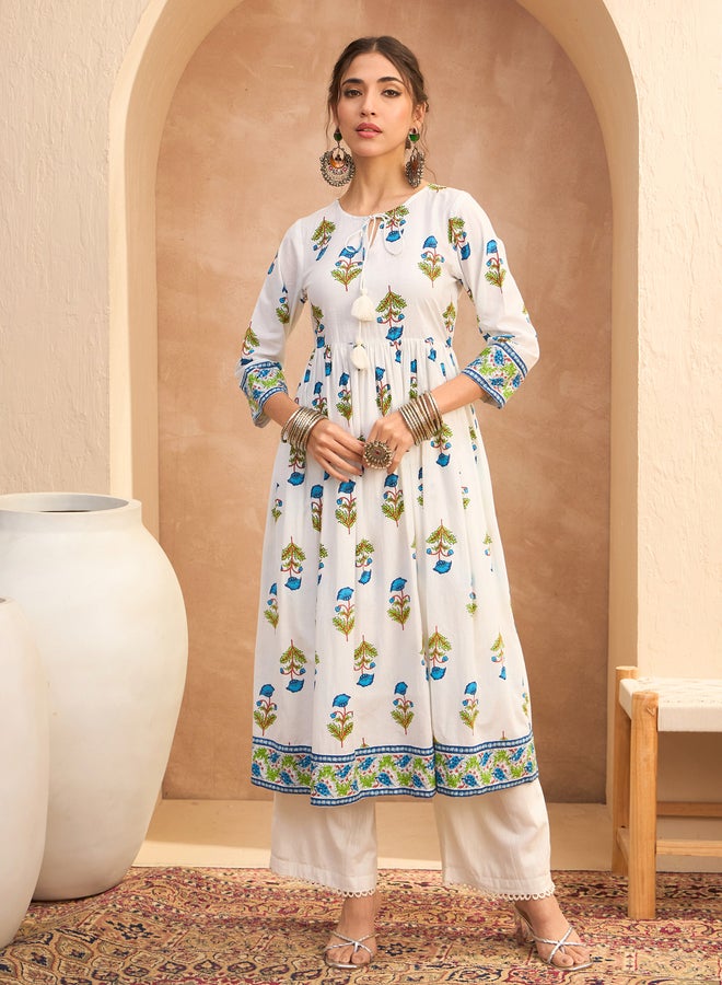 SASSAFRAS White Floral Front Dori Gathered Kurta - Image 1