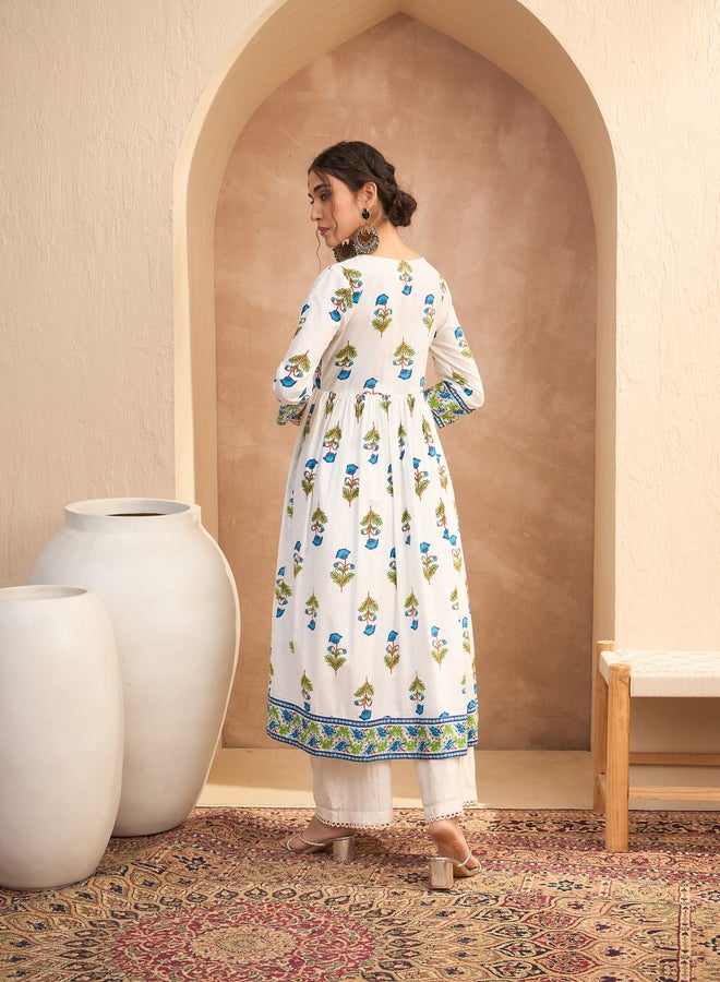 SASSAFRAS White Floral Front Dori Gathered Kurta - Image 5