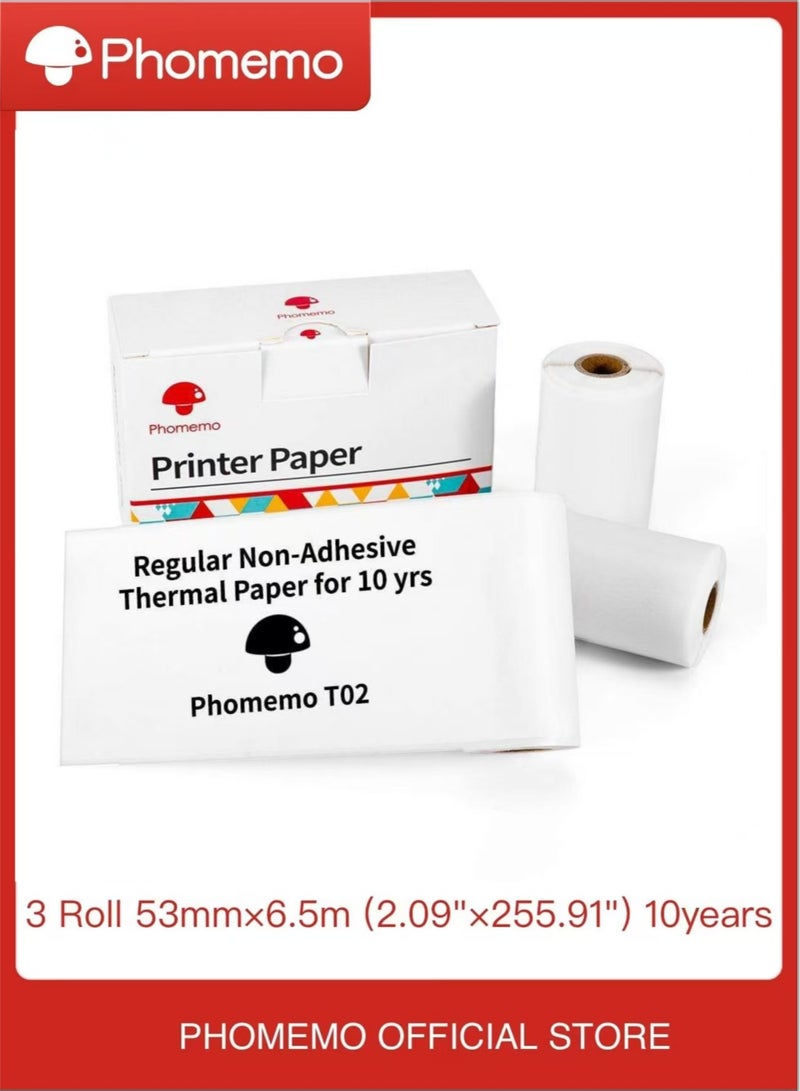 phomemo 3 Rolls Portable Printer Thermal Paper 53mm×6.5m(Inch 2.09"*255.91") ,Compatible with T02 & M02X & M832 |10 Year（Non-viscous/White） - Image 1