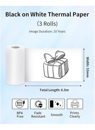 3 Rolls Portable Printer Thermal Paper 53mm×6.5m(Inch 2.09"*255.91") ,Compatible with T02 & M02X & M832 |10 Year（Non-viscous/White） - view 2