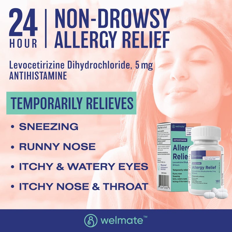 WELMATE | Allergy | Generic Xyzal Levocetirizine Dihydrochloride 5mg | Non Drowsy | Fast Acting | 24hr Support | Runny Nose, Watery Eyes, Sneezing | Antihistamine | Allergy Medication | 180 ct - Image 3