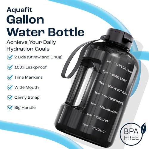 AQUAFIT 128 oz Water Bottle with Time Marker - Straw & Chug Lid - BPA Free 1 Gallon Gym Water Bottle with Handle - Big Gallon Jug (Gray, 128 Ounces) - Image 2
