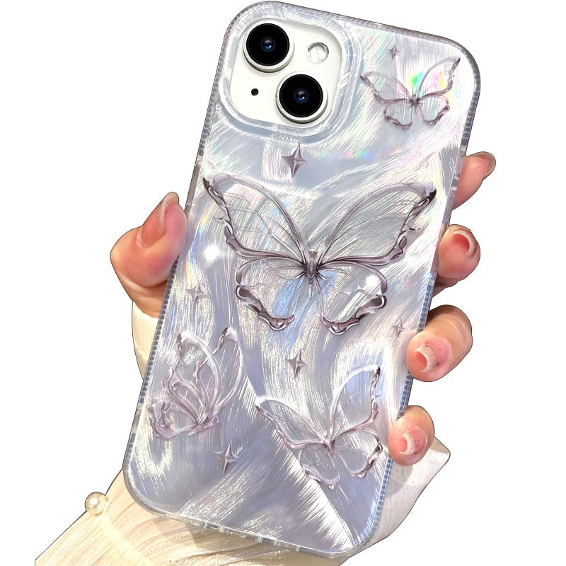 I-MGAE-IN-AR Compact Case for iPhone 15 Shiny Silver Butterfly Design,Cute Trendy Soft Slim TPU Shockproof Protective Phone Cases Cover for Women Girls Aesthetic Glitter - Image 1