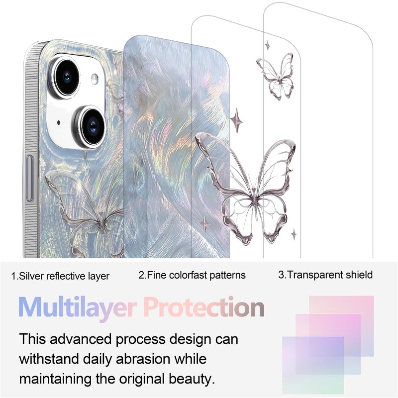 I-MGAE-IN-AR Compact Case for iPhone 15 Shiny Silver Butterfly Design,Cute Trendy Soft Slim TPU Shockproof Protective Phone Cases Cover for Women Girls Aesthetic Glitter - Image 2