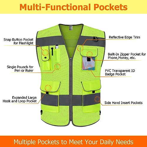 TCCFCCT Mesh High Visibility Safety Vest for Men Women 9 Pockets Hi Vis Reflective Vest for Safety, Work Vest with Reflective Strips, Meets ANSI/ISEA Standards, (Yellow, 5X-Large) - Image 3