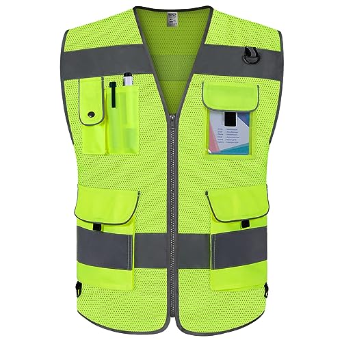 TCCFCCT Mesh High Visibility Safety Vest for Men Women 9 Pockets Hi Vis Reflective Vest for Safety, Work Vest with Reflective Strips, Meets ANSI/ISEA Standards, (Yellow, 5X-Large) - Image 1