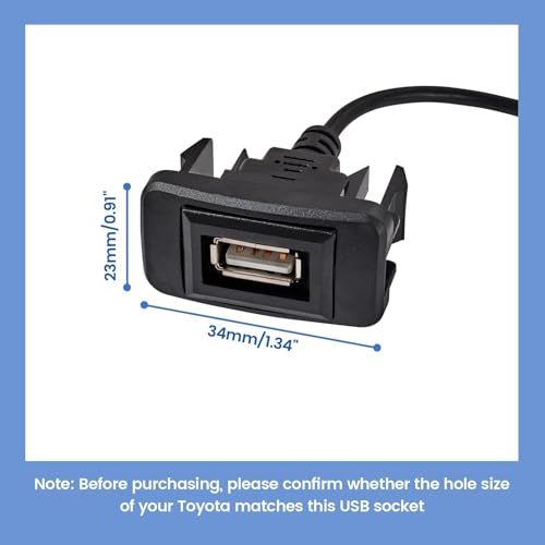 Anina USB Port Car Charger for Toyota, Male to Female USB Power Socket Adapter, Panel Flush Mount Extension Cable for Camry RAV4 Corolla Highlander, Square Vehicle Dash Port for IOS Android (34*23mm) - Image 2
