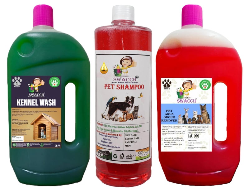 swacch Kennel Wash (Jasmine) + Pet Shampoo (Jasmine) I Pet Aqua Odour Remover (Strawberry) 1 Litre Combo Pack of 3 Economical Pack I Dog and Cat Friendly - Image 1