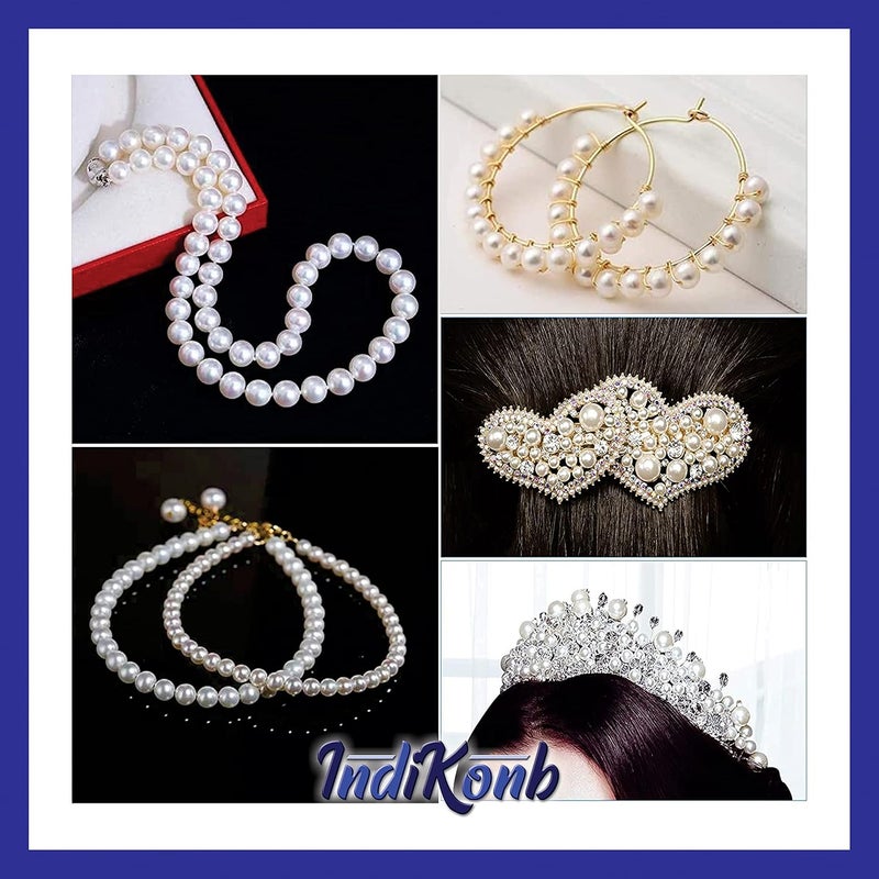 INDIKONB 3100 حبة 9 في 1 ماتي لصنع المجوهرات (تشمل حبات اللؤلؤ بحجم 3، 4، 5، 6، 8، 10 مم + حبات فضية وذهبية) | حبات لؤلؤ للمجوهرات، أعمال التطريز، والحرف | M6 - كريمي - Image 5